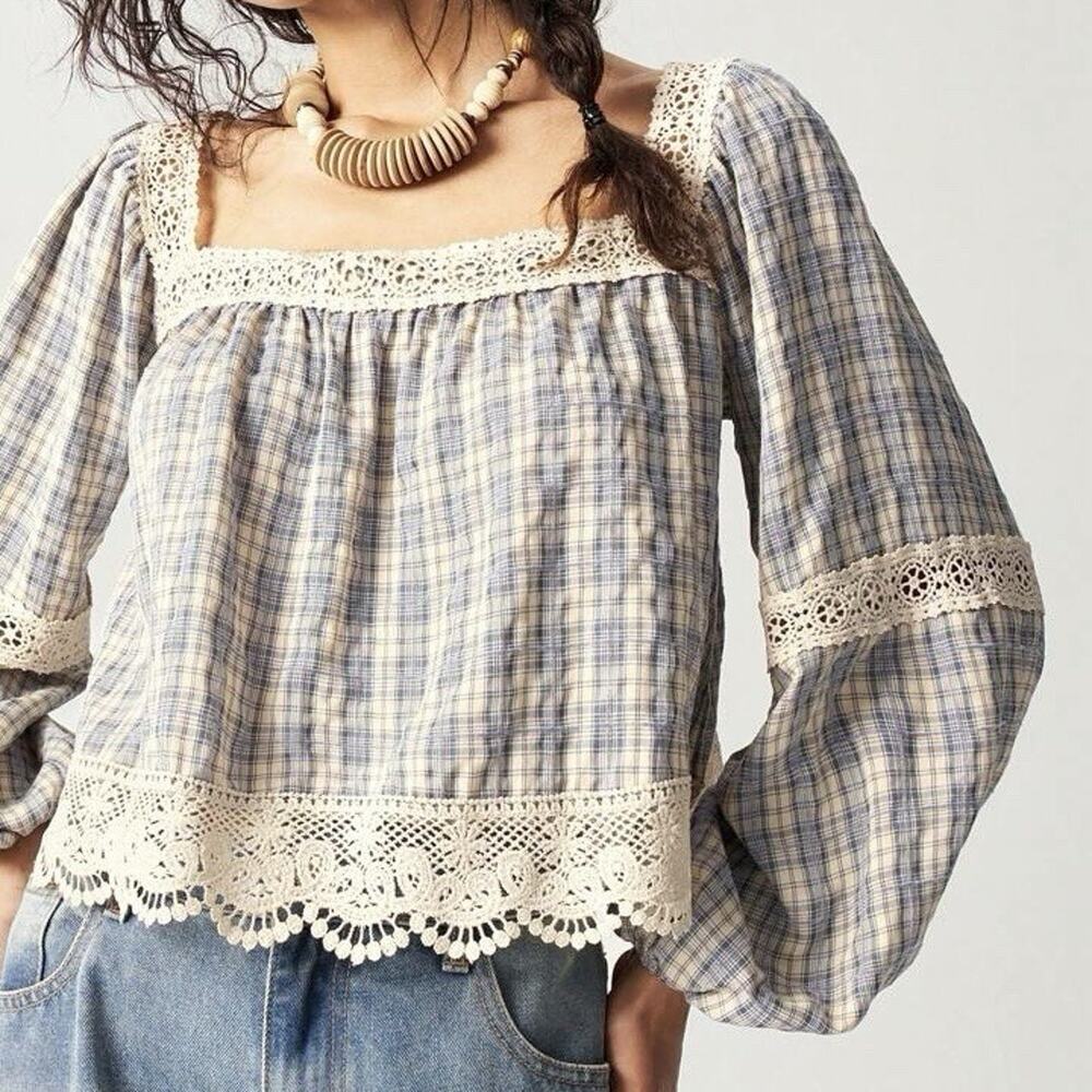 NWT SHEIN Bohemala Womens M Casual Woven Plaid Lace Trim Square Neck Blouse Boho